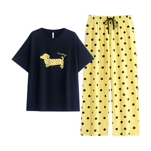 悦内睡衣女士夏季纯棉短袖长裤新款家居服夏天休闲圆领套头腊肠狗