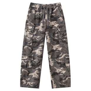 SprayGround鲨鱼嘴刺绣迷彩工装裤男2026春款美式宽松直筒长裤子