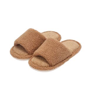 名创优品复古风简约百搭羊羔毛棉拖鞋女冬款居家地毯露趾平底半拖