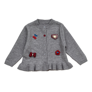 女童毛衣开衫2026新款女宝宝春季洋气小猫中长款木耳边上衣针织衫