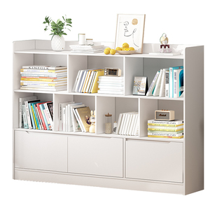 简易落地书架书柜家用客厅小户型收纳架一体带门多层置物架矮柜子