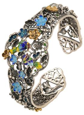 手镯非遗手工花丝镂空珐琅银手镯