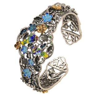 飞花栖树纯银手镯非遗手工花丝镂空珐琅古法复古送妈妈手环平安镯