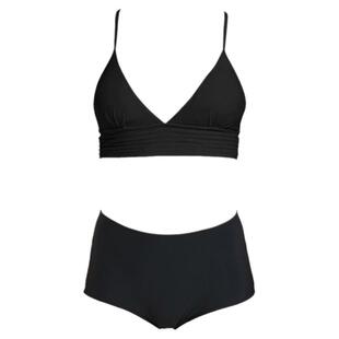 欧美性感绑带比基尼女三角高腰保守遮肉游泳衣聚拢黑色泳装比坚尼