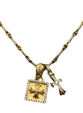 欧美泰银笑脸双十字架彩钻项链