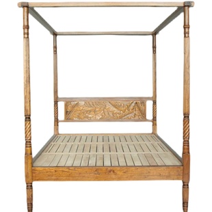 古今原木家具东南亚风格实木四柱床帷幔床BD180榆木雕花架子床