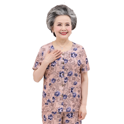 奶奶装棉绸开衫短袖老太太两件套