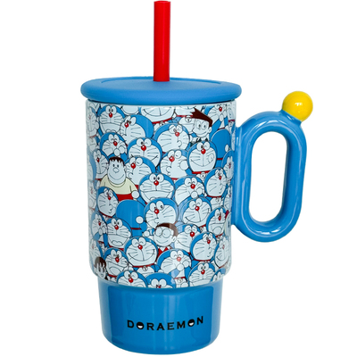 正版哆啦A梦陶瓷水杯850ML带吸管