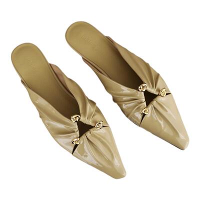 彭姐尖头皱褶真皮包头穆勒鞋