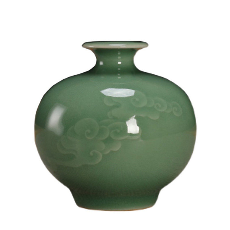 青瓷周连福弟窑梅子青陶瓷花瓶摆件现代花器全手工小号把玩收藏