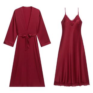 乐姿梦晨袍女新娘结婚睡衣春秋季冰丝红色长款吊带睡裙睡袍家居服