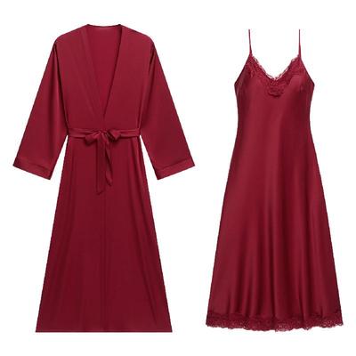 乐姿梦晨袍女新娘结婚睡衣春秋季冰丝红色长款吊带睡裙睡袍家居服