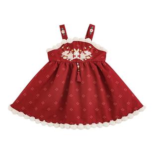 幼悠女童中式年服背带裙2025冬季加绒加厚古风设计万针刺绣连衣裙