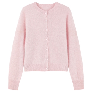 秋水伊人圆领粉色羊绒衫女针织开衫2025年冬季新款清新宽松上衣