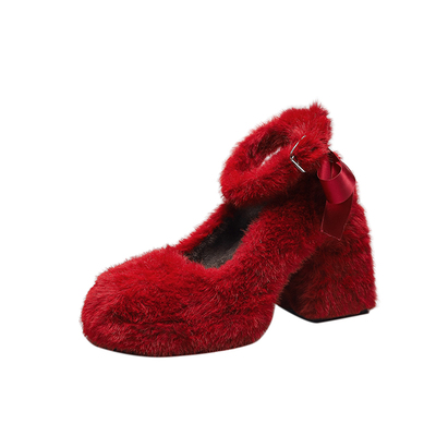 法式毛毛鞋防水台高跟鞋粗跟婚鞋