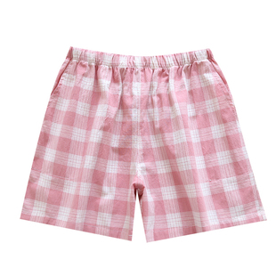 日系格子睡裤女夏短裤纯棉纱布薄款水洗棉男五分裤情侣宽松家居裤