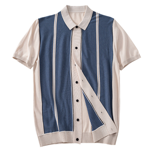 SOARIN英式常青藤针织polo开衫男学院风拼接条纹休闲修身短袖衬衫