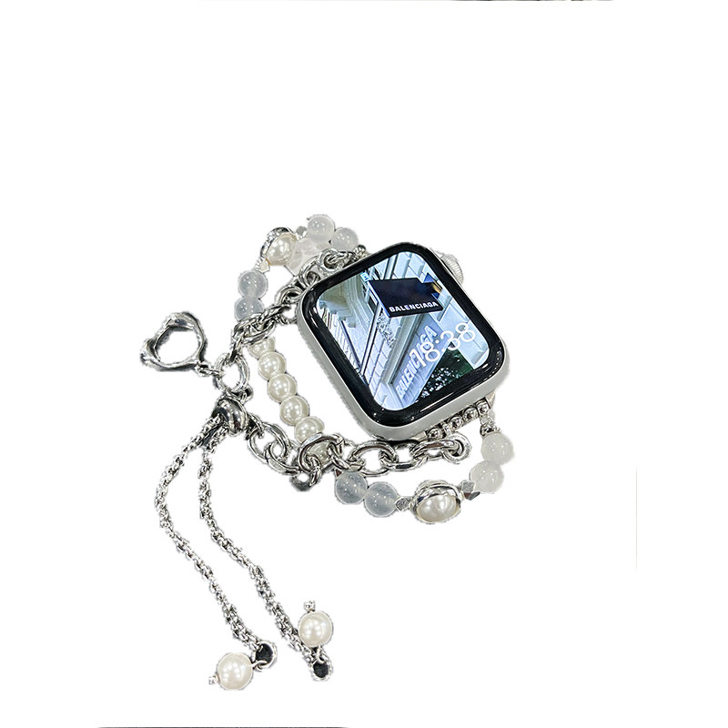 QALUO【全新升级版】美人鱼仿水晶珍珠链适用AppleWatchS11/S10代表带iwatch9苹果手表se876不锈钢表带高级女