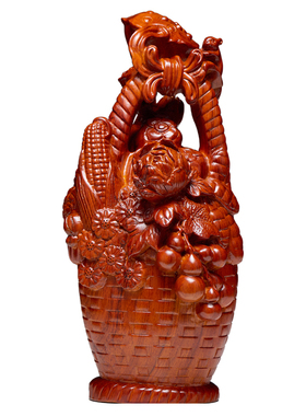 花梨木雕篮大丰收摆件实客