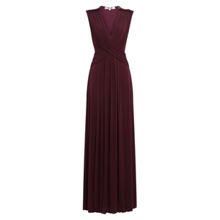 DVF度假安可拉红V领弹力网纱礼服长裙连衣裙DS4R009