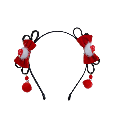 古风红色蝴蝶结毛球流苏假发辫发箍女中国风汉服发饰儿童新年头饰