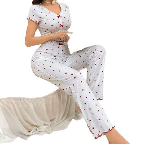 W 34353 V-neck Heart Print Pajamas 爱心印花家居服 跨境欧美外