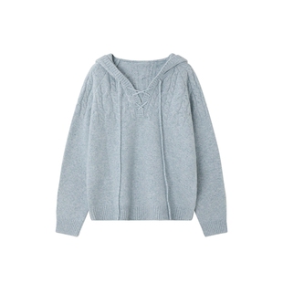 时然大码微胖MM25年冬季女连帽H版遮肉毛衣松弛感套头针织衫毛衣