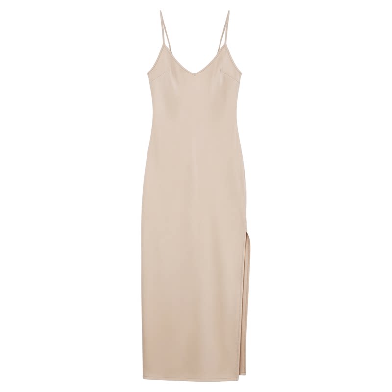 Solid color V-neck backless slit dress 纯色V领露背开叉连衣裙