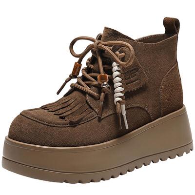 百丽厚底增高棕色马丁靴子女靴新款袋鼠鞋休闲短靴B2951DM5