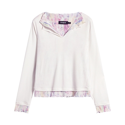 Desigual26春夏新品假两件拼接彩色笔刷印花V领女式T恤