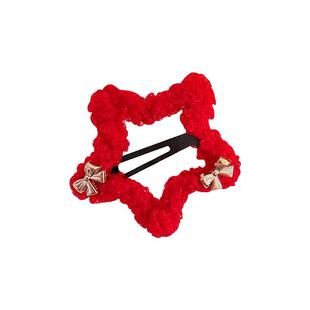 新年头饰红色五角星星毛绒发夹女侧边刘海夹蝴蝶结bb夹子发卡发饰