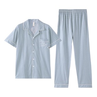 芬腾夏季睡衣男纯棉短袖长裤家居服夏天休闲开衫格子男士全棉套装