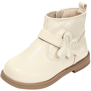 思加图童鞋小香风百搭休闲皮靴女童冬季加绒时装靴小蝴蝶软底短靴