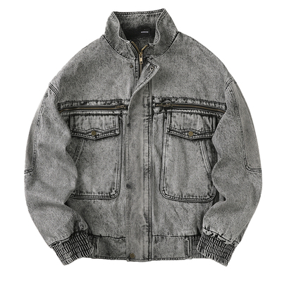 春秋翻领宽松水洗做旧灰牛仔夹克