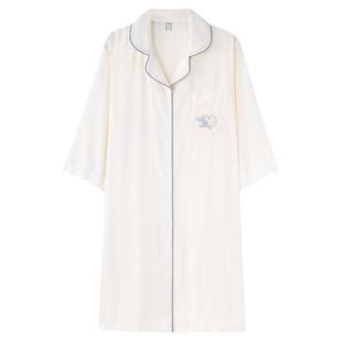 睡裙女士春秋款冰丝白色性感衬衣衬衫夏季七分袖睡衣连衣裙家居服