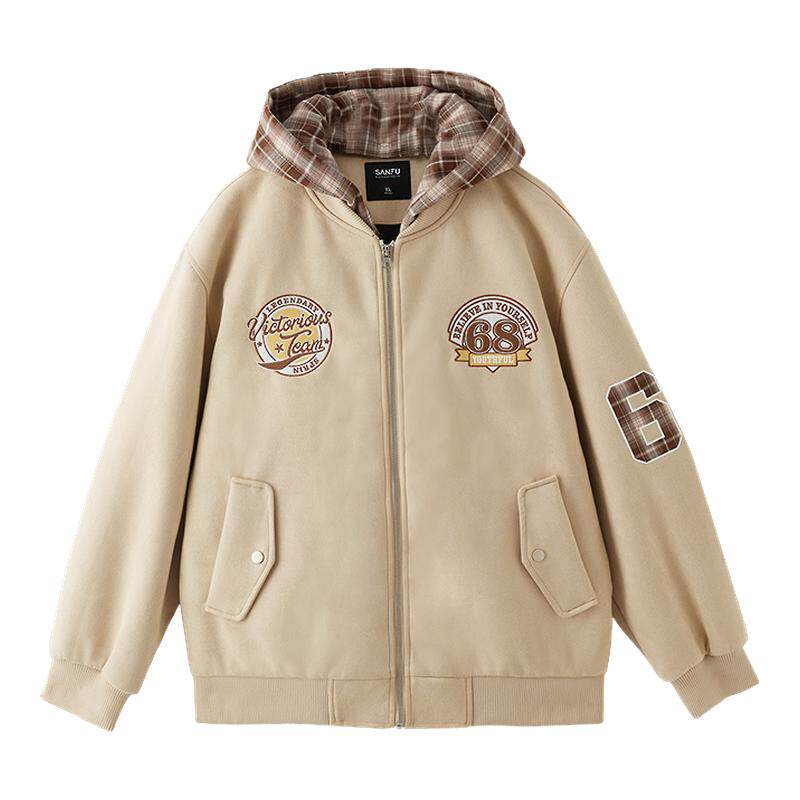 三福2025冬季可脱卸帽贴布绣棉衣保暖棉服休闲棒球服外套男510183