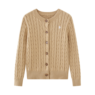 100%纯棉麻花扭花针织开衫女2025秋冬保暖圆领复古毛衣抗起球外套