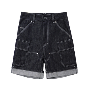 【解构分割】Unvesno(UN)伐木撞色走线翻边工装休闲翻折牛仔中裤