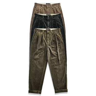 西里布双褶灯芯绒宽松微锥长裤男款高品质重磅复古条绒阔腿休闲裤