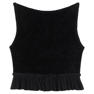 季末6折SANDRO2025秋冬新款女装黑色绒面花边下摆毛边针织背心