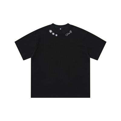 PROCITY领口刺绣小花T恤男女同款夏季圆领宽松运动休闲黑色短袖衫