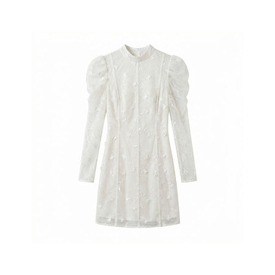 法式复古蕾丝收腰长袖连衣裙