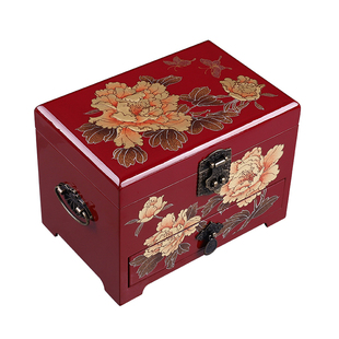 精致大容量首饰盒复古风妆奁中式结婚礼物手绘古典漆器饰品盒送礼