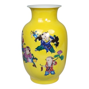 景德镇陶瓷器冬瓜花瓶黄釉吉祥百子图七子婴戏图客厅书房摆件装饰