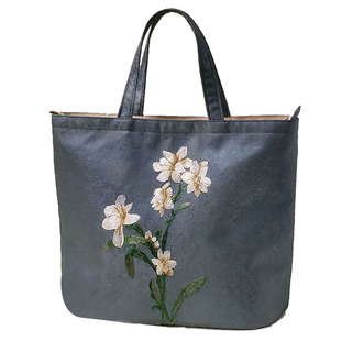 芬芳之品原创刺绣女士手提大包手工休闲布包新款旗袍妈妈包墨蓝色