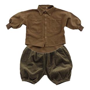 儿童秋秋雪花绒泡袖衬衫男宝韩版灯笼裤加厚不加绒南瓜裤中裤套装