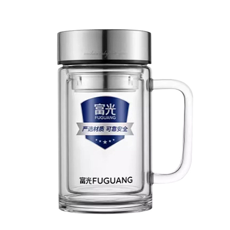 富光玻璃杯双层透明高硼硅商务办公杯大容量水杯带把手过滤泡茶杯