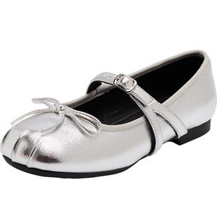 达芙妮银色玛丽珍鞋女鞋2026新款春夏法式平底小皮鞋芭蕾浅口单鞋