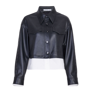 婉甸2026春季新品黑色PU皮拼接外套A型长袖百搭上衣1251O02XJ1YX