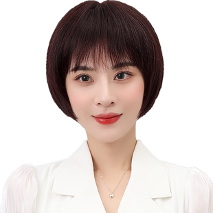 假发女夏短发真人发丝波波头发型仿真妈妈自然圆脸全头套真发发套